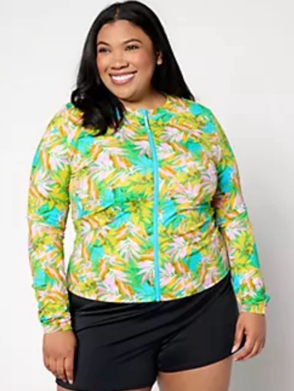 Belle by Kim Gravel Tropical Print Zip Front Swim Jacket in Teal, Yellow, Pink
